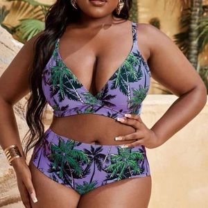 ☀️☀️Plus Palm Tree Print High Waist Bikini Swimsuit SHEIN Size 3 XL☀️☀️